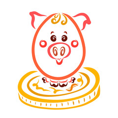 Funny oval pig sitting on a big coin