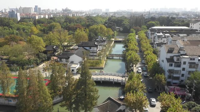 Suzhou China Aerial Footage of Canal In City 4k Drone