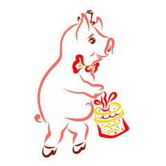 gentleman pig carries a gift, a funny animal and a holiday