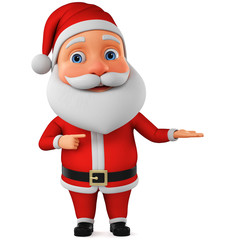 Little Santa Claus points a finger at the empty space. 3d render illustration for advertising.