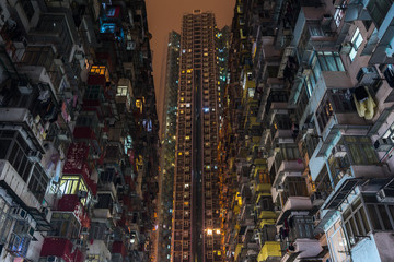 Night view of Montane Mansion or Yick Fat Building, know also as Concrete Jungle, has become famous...