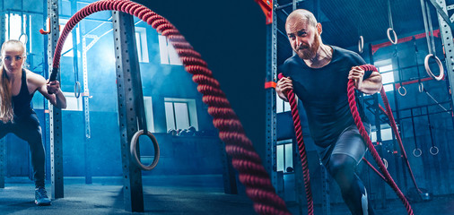 Collage about man and woman with battle rope during exercise in the fitness gym. Gym, sport, rope, training, athlete, workout, exercises concept - obrazy, fototapety, plakaty