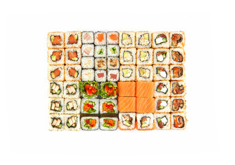 Sushi set of different rolls top view on a white background