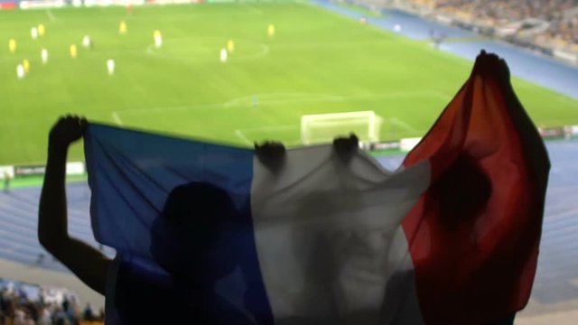 Soccer fans with French flag jumping in stands, cheering for favorite team