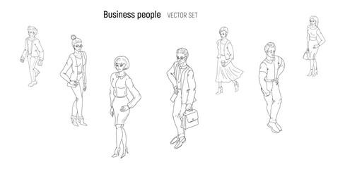 Fototapeta na wymiar Group of people standing. Black and white outline sketch vector. Business men and women cartoon style characters isolated.