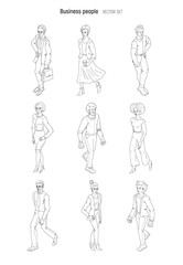 Group of people standing. Black and white outline sketch vector. Business men and women cartoon style characters isolated.