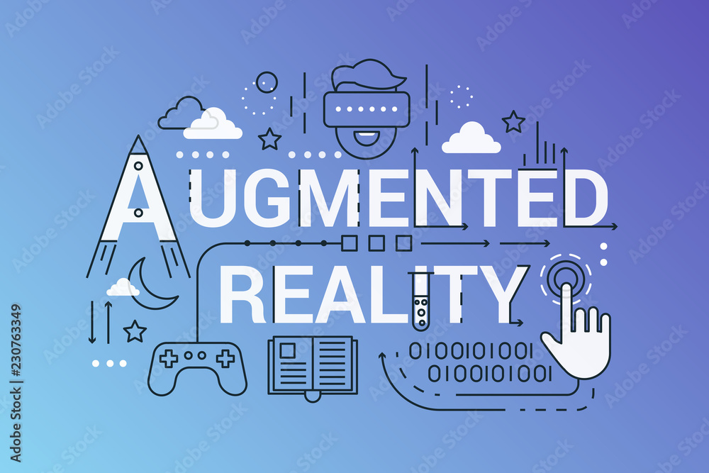 Poster Augmented Reality line concept. Vector Illustration of outline art on trendy gradient color background.