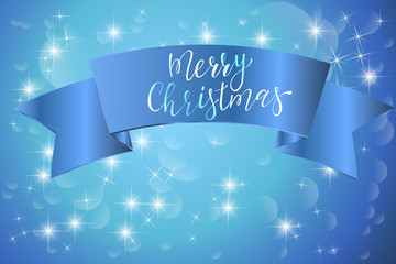 Merry Christmas inscription on a blue satin ribbon on a brilliant background with stars