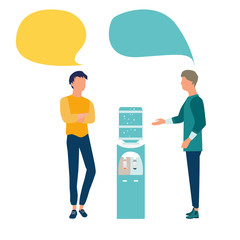Vector illustration in flat style. Businessmen or friends standing near water cooler or dispenser and discuss social network, news, chat, dialogue speech bubbles.