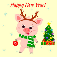 Happy New Year and Merry Christmas greeting card. Cute pig in deer horns and a striped scarf. The symbol of the new year in the Chinese calendar. 2019. Vector