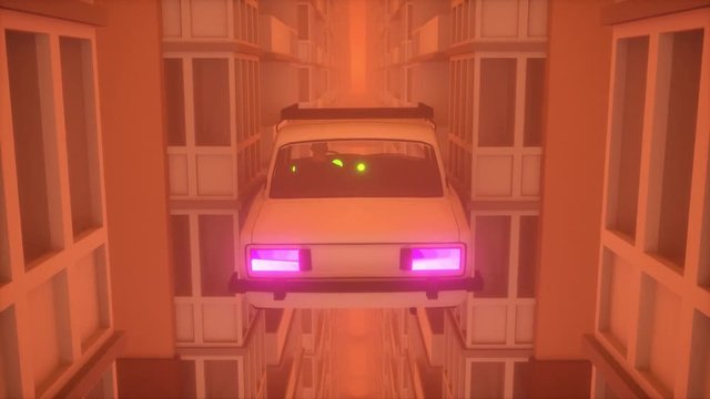 blade runner retrofuturistic car flying in the mega city, town.