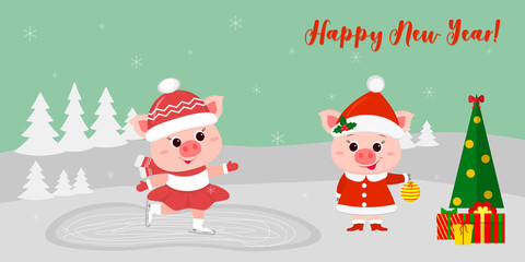 Happy New Year and Merry Christmas greeting card. Two cute pigs. One is riding on a skating rink, the other in Santa s costume is standing near the Christmas tree with presents. Vector