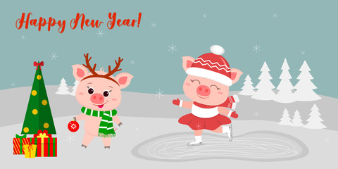Happy New Year and Merry Christmas Greeting Card. Two cute pigs. One goes to the rink, the other in the horns of a deer and a scarf stands next to the tree with gifts. Vector