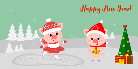 Happy New Year and Merry Christmas Greeting Card. Two cute pigs. One goes to the rink, the other in a hat and a scarf, Santa stands next to the tree with gifts. Vector