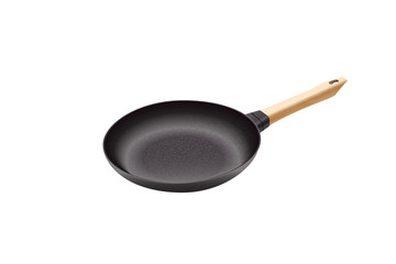 Realistic vector iron pan. Cast-iron pan with wooden handle.