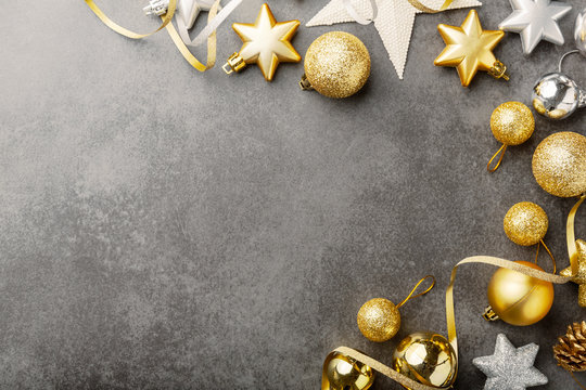 Golden Silver Christmas Deco On Grey