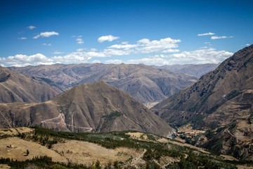 Panoramic view of spectacular high mountains, Cordillera, Andes, Peru, Clear blue sky with a few white clouds, scenic landscape, wallpaper