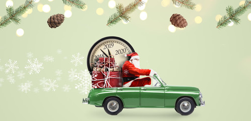 Christmas countdown arriving. Santa Claus on car delivering New Year gifts and clock at green background