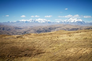 Fototapeta na wymiar Panoramic view of spectacular high mountains, Cordillera, Andes, Peru, Clear blue sky with a few white clouds, scenic landscape, wallpaper, mountains covered by snow