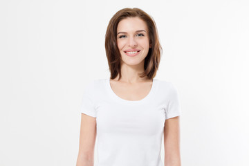 Fototapeta premium Blank t shirt. Happy young caucasian girl isolated on white background. Copy space. Mock up. Summer woman clothes.