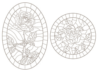 A set of contour illustrations of stained glass Windows with rosees in frames, dark contours on a white background, round and oval image