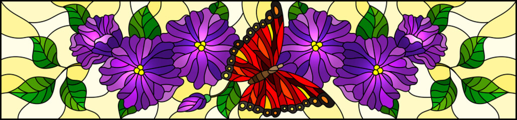 Illustration in stained glass style with abstract curly purple flowers and red butterfly on yellow background , horizontal image