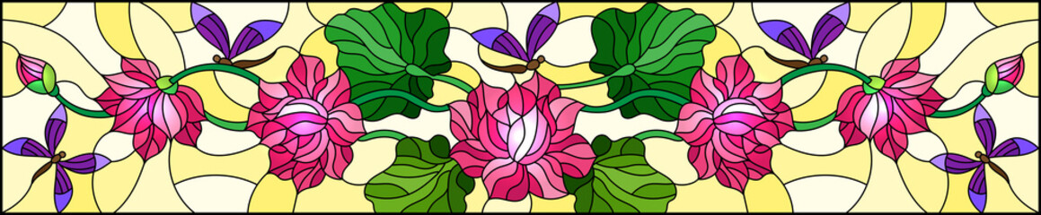 Illustration in stained glass style with  Lotus leaves and flowers, pink flowers and purple dragonflies on yellow background,horizontal image