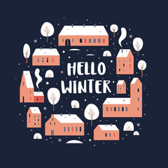 Illustration of a snow-covered city with cozy cute houses, trees and snowfall on a dark background. Decorative cartoon houses of different shapes. Vector colorful image.