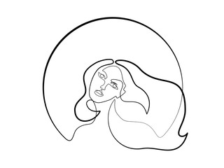 Continuous one different wide line drawing. Abstract portrait of pretty young woman with beautiful hair in round. Vector illustration