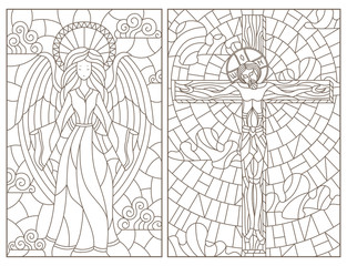 Set of contour illustrations of stained glass Windows on religious theme, Jesus Christ and angel, dark contours on white background