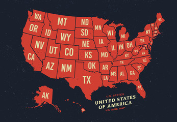 Vintage map of United States of America 50 states vector map isolated on dark background.
