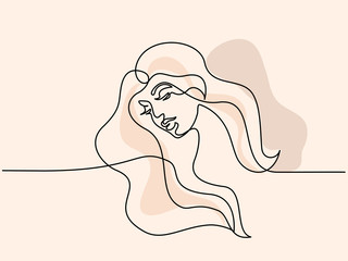 Continuous one line drawing. Abstract portrait of pretty young woman with beautiful hair. Vector soft color illustration