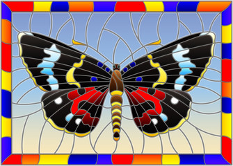 Illustration in stained glass style with bright dark moth on a blue background in a bright frame