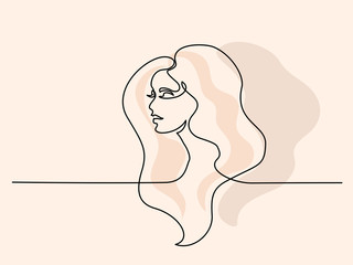 Continuous one line drawing. Abstract portrait of pretty young woman with beautiful hair. Vector soft color illustration