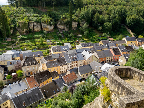 Elevated panoramic view to the town of Larochette, Fiels or Fels in Luxembourg from Larochette Castle