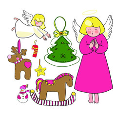 Set of color drawings in the vector, Christmas Angel, Christmas toys, gifts