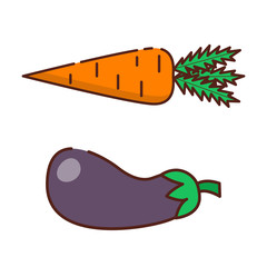 Vector flat cartoon carrot and eggplant icon background