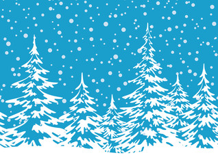 Obraz premium Christmas Holiday Seamless Horizontal Background, Winter Landscape, Fir Trees with Snow, White Silhouettes against the Blue Sky with Snowflakes. Vector