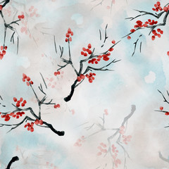 seamless watercolor floral pattrn with black branch and red flowers in traditional China style