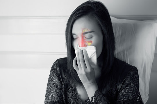 Women Feeling Unwell And Sinus. Dust allergies. Flu. People caught cold and allergy.