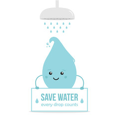 Cartoon doodle water drop character holding card in hands, asking to save water when taking a shower, cleaning yourself.
