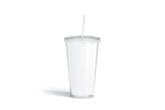 Blank white acrylic tumbler with straw mockup, isolated, 3d rendering. Empty plastic flask with pipe mock up. Clear cup for coffee or beer. Glass disposable bottle for cold drink, template.