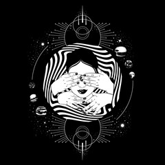 Vector hand drawn  illustration with female head with hands. Surreal artwork with portrait, planets and geometrical composition. Template for card, banner, print for t-shirt. © varvarabasheva