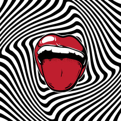 Vector hand drawn illustration of open mouth on the hypnotic background. Template for card, poster, banner, print for t-shirt.