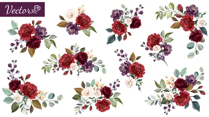 Badezimmer Foto Rückwand Blumen Satz Blumenzweig. Blume rot, burgunderrot, lila Rose, grüne Blätter. Hochzeitskonzept mit Blumen. Blumenplakat, einladen. Vektorarrangements für Grußkarten- oder Einladungsdesign