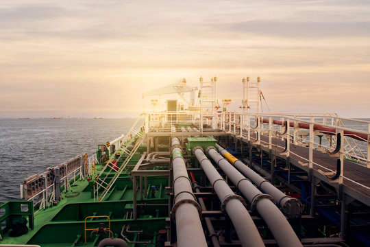 On Deck Of Chemical Tanker Ship With Pipe Lines Connection While The Ship Is At Sea.