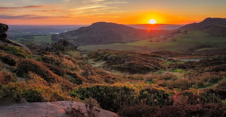 Panorama Landscape of Ramshaw Rocks at sunset in Peak District National Park, Uk.