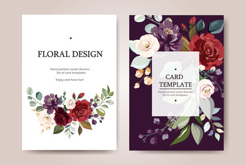 Set of card with flower rose, leaves. Wedding ornament concept. Floral poster, invite. Vector decorative greeting card or invitation design background