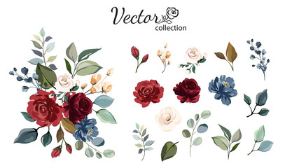 Set of floral branch. Flower red, burgundy, navy blue rose, green leaves. Wedding concept with flowers. Floral poster, invite. Vector arrangements for greeting card or invitation design