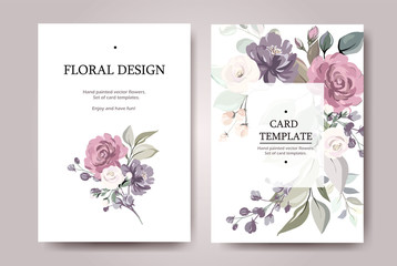 Set of card with flower rose, leaves. Wedding ornament concept. Floral poster, invite. Vector decorative greeting card or invitation design background